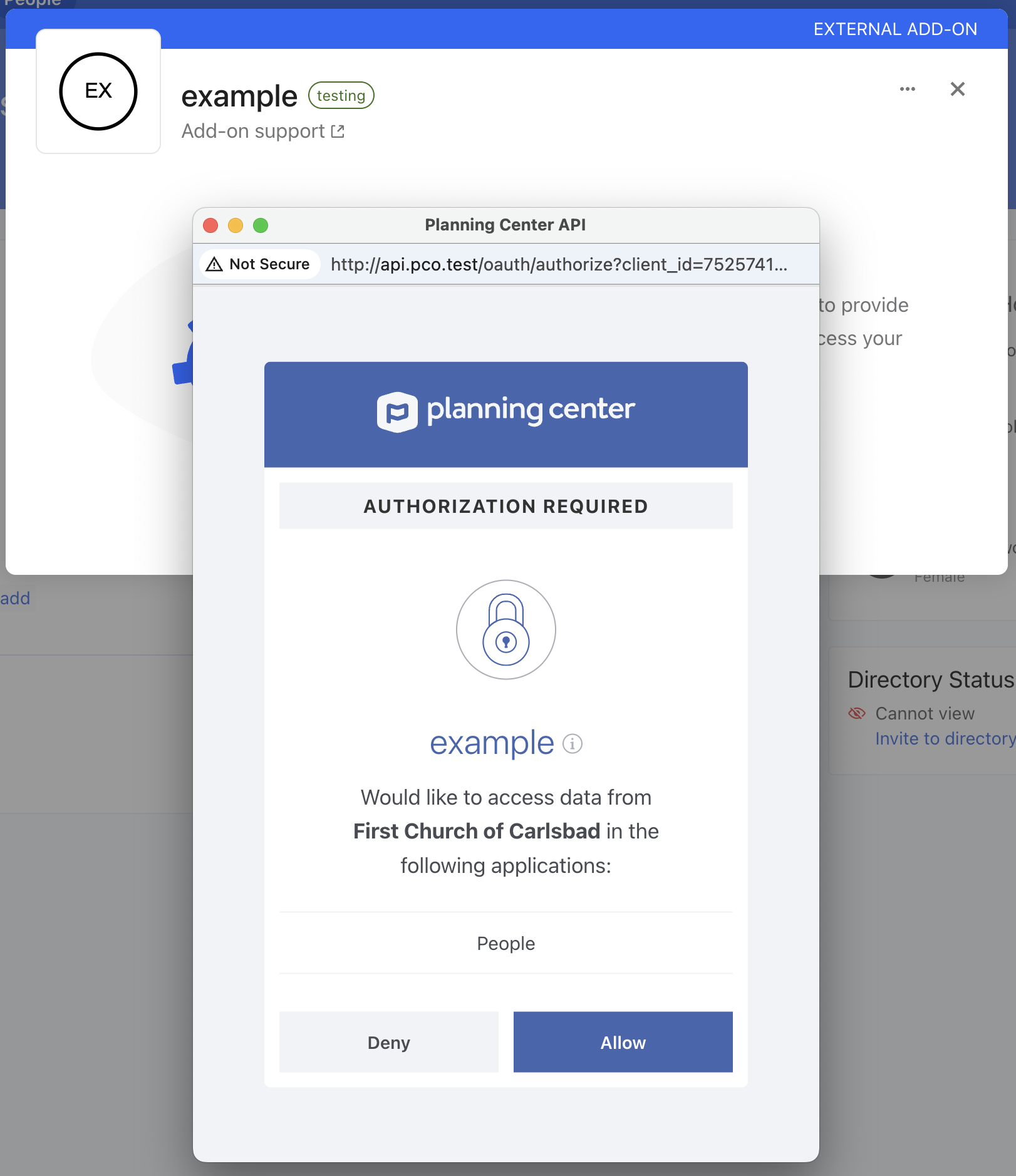 Planning Center authorization prompt
